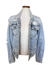 Load image into Gallery viewer, Free People light was distressed jean jacket- S
