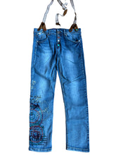 Load image into Gallery viewer, Desigual the Love boyfriend fit embroidered artsy button suspender jeans-30
