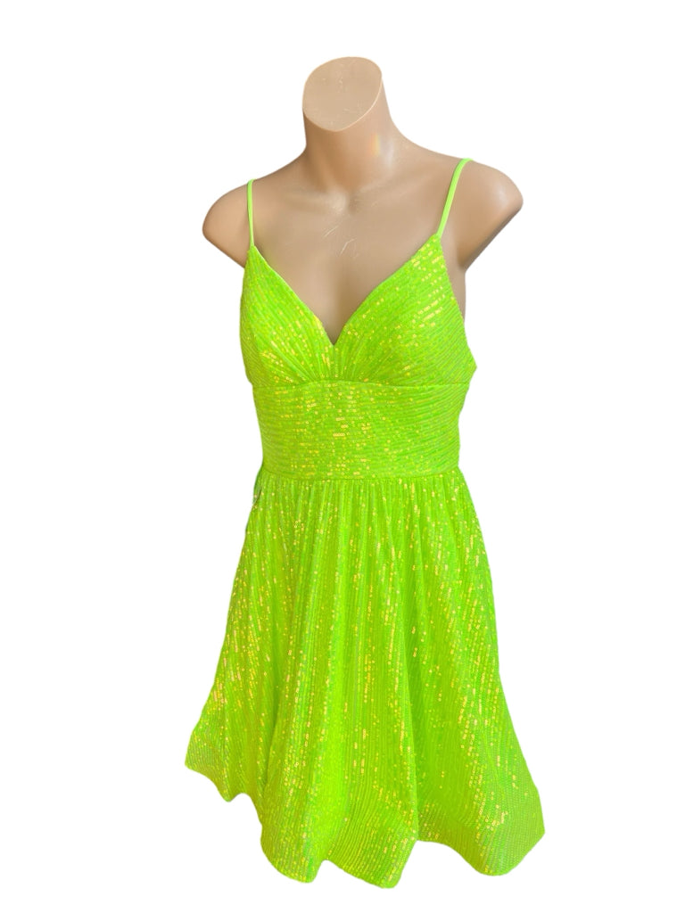 Wintess of Love neon green sequin ruffle v-neck mini party dress NWT- 2