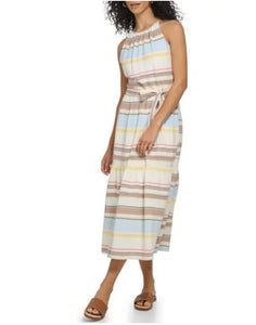 DKNY Striped Belted Sleeveless Halter 100% Cotton Midi Dress Size 4