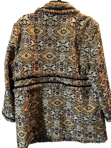 Chicos Brown Aztec Southwestern Sparkle Jacquard Fringe Lined Topper Jacket Blaz