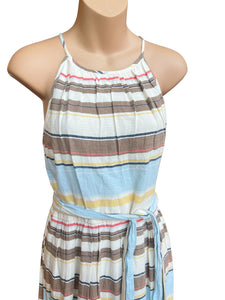 DKNY Striped Belted Sleeveless Halter 100% Cotton Midi Dress Size 4