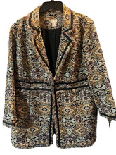 Load image into Gallery viewer, Chicos Brown Aztec Southwestern Sparkle Jacquard Fringe Lined Topper Jacket Blaz
