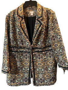 Chicos Brown Aztec Southwestern Sparkle Jacquard Fringe Lined Topper Jacket Blaz