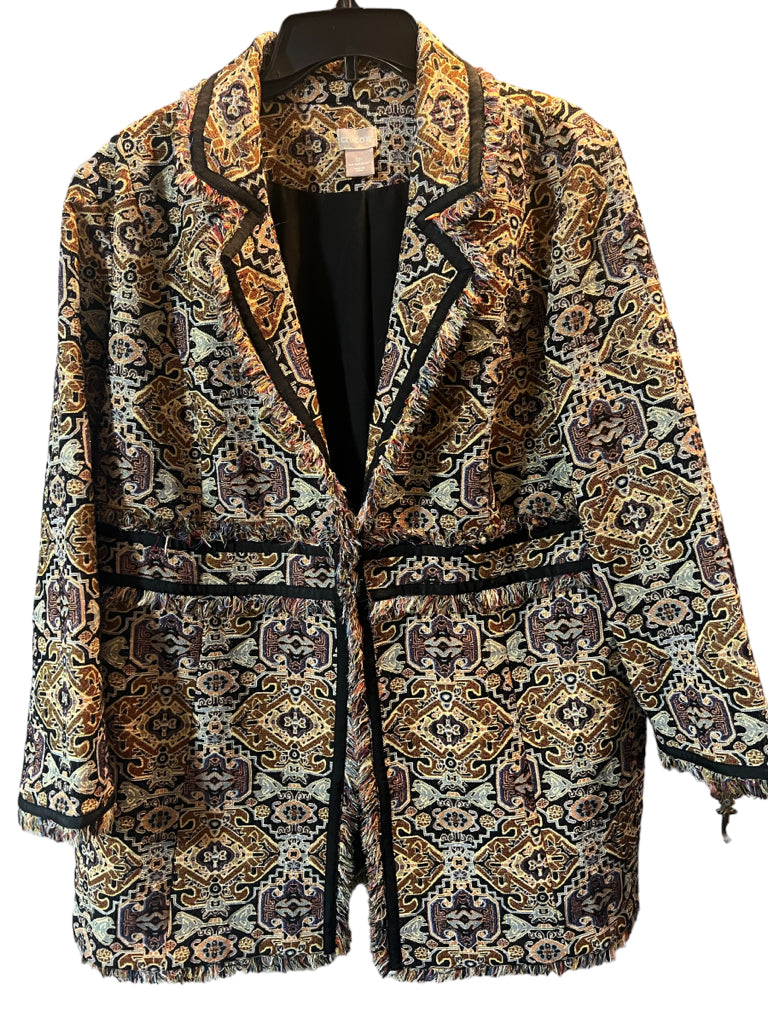 Chicos Brown Aztec Southwestern Sparkle Jacquard Fringe Lined Topper Jacket Blaz