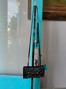 Patricia Nash brown teal floral accent shoulder clutch