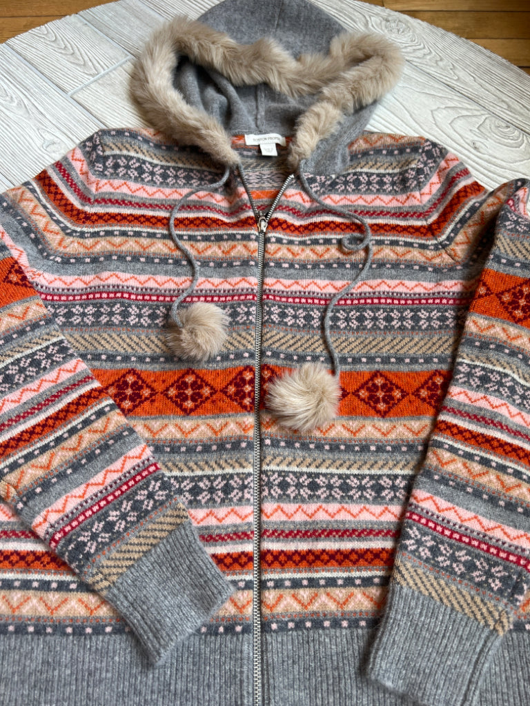 Boston Proper Orange Grey Faux Fur Trim Full Zip Wool Blend Sweater Size Small