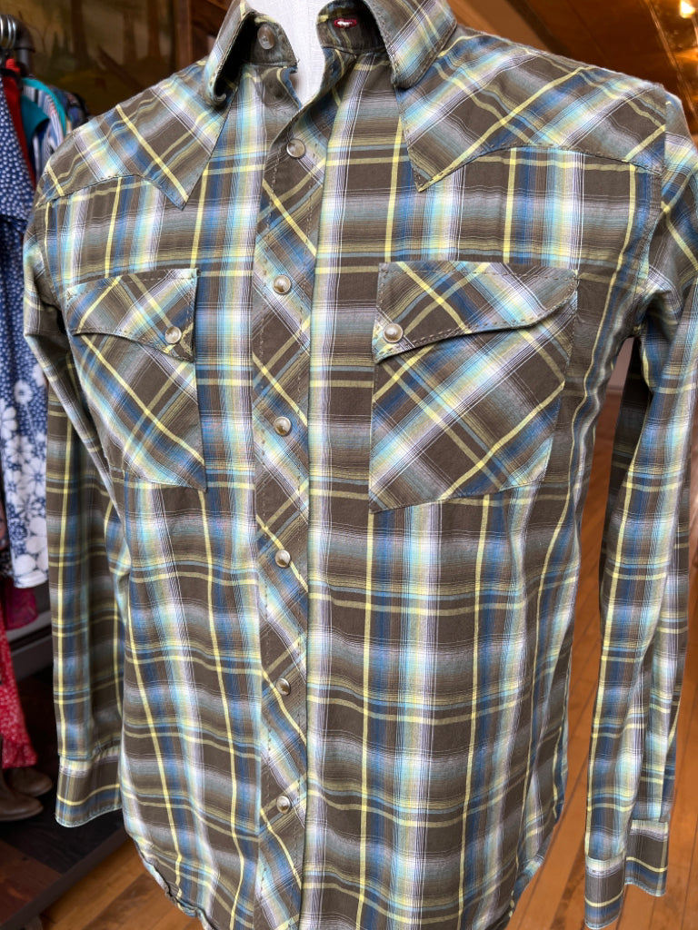 Wrangler Green Plaid Pearl Snap Long Sleeve Shirt - M