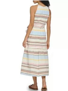 DKNY Striped Belted Sleeveless Halter 100% Cotton Midi Dress Size 4