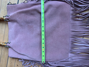 Rosella D Dusty Rose Leather Fringe Hobo Bamboo Handle Purse