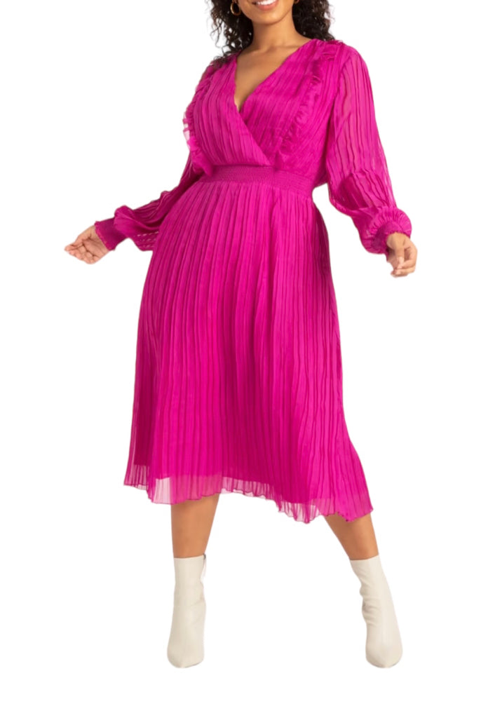 ELOQUII Fuchsia Magenta Pink Pleated Ruffle Empire Long Sleeve Midi Dress 20 NWT