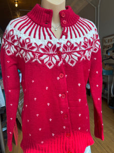 Orvis Red Fair Isle Nordic 100% Wool Snowflake Christmas Button Up Sweater Small