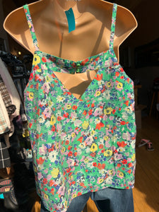 Mauve Anthropologie Green Floral Lined Dressy Blouse Tank Cut out Back NWT Women