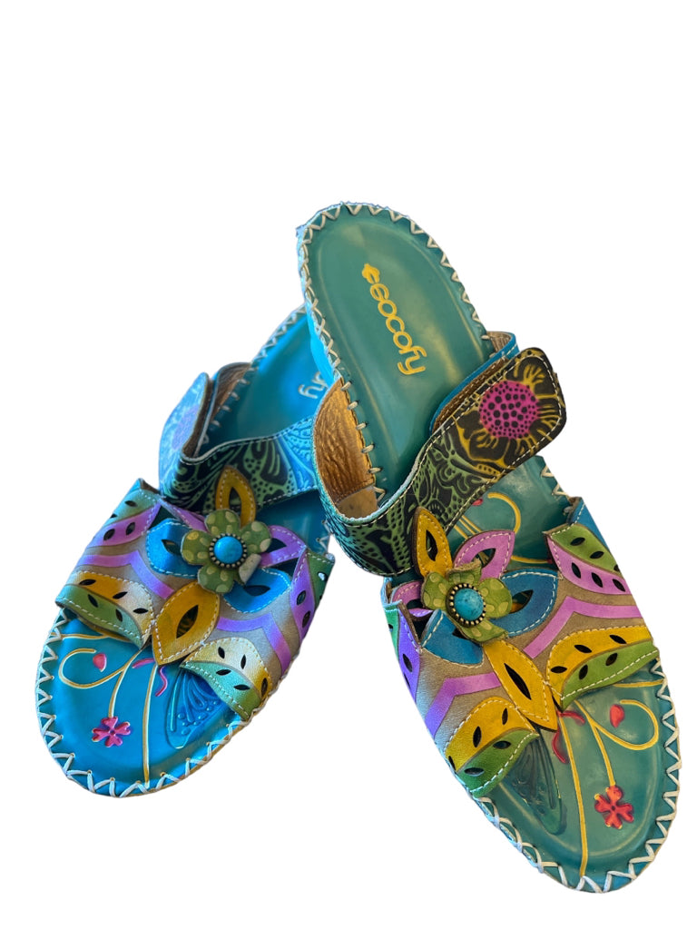 Socofy Teal Blue Colorful Leather Floral Beaded Wedge Art Slip On Sandal 42