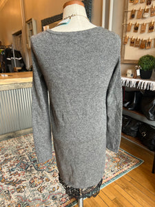 Neiman Marcus Cashmere Grey Black Lace Bottom Long Sleeve Sweater Dress Small
