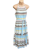 Load image into Gallery viewer, DKNY Striped Belted Sleeveless Halter 100% Cotton Midi Dress Size 4
