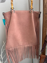 Load image into Gallery viewer, Rosella D Dusty Rose Leather Fringe Hobo Bamboo Handle Purse
