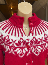 Load image into Gallery viewer, Orvis Red Fair Isle Nordic 100% Wool Snowflake Christmas Button Up Sweater Small
