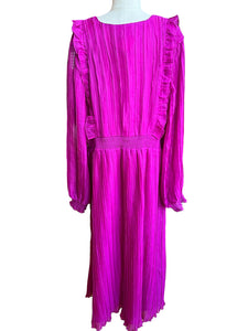 ELOQUII Fuchsia Magenta Pink Pleated Ruffle Empire Long Sleeve Midi Dress 20 NWT