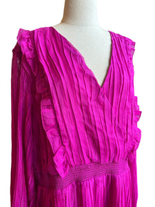 ELOQUII Fuchsia Magenta Pink Pleated Ruffle Empire Long Sleeve Midi Dress 20 NWT