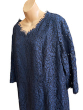 Load image into Gallery viewer, Talbots Woman Petite Navy Lace Overlay 3/4 Sleeve V-Neck Midi Dress NWT 20WP
