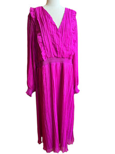 ELOQUII Fuchsia Magenta Pink Pleated Ruffle Empire Long Sleeve Midi Dress 20 NWT