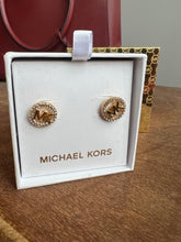 Load image into Gallery viewer, Michael Kors Pave Logo Stud Earrings Gold Tone NEW
