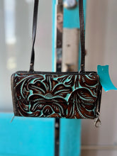 Load image into Gallery viewer, Patricia Nash brown teal floral accent shoulder clutch
