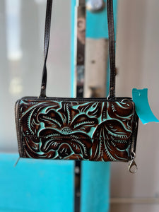 Patricia Nash brown teal floral accent shoulder clutch