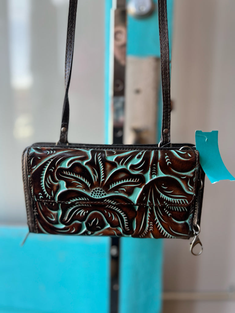 Patricia Nash brown teal floral accent shoulder clutch