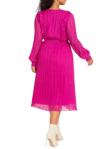 ELOQUII Fuchsia Magenta Pink Pleated Ruffle Empire Long Sleeve Midi Dress 20 NWT