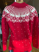 Load image into Gallery viewer, Orvis Red Fair Isle Nordic 100% Wool Snowflake Christmas Button Up Sweater Small
