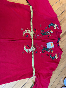 Crystal Kobe Christmas Holiday Red Vintage Embroidered Full Zip Sweater NWT XL