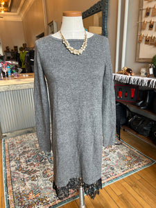 Neiman Marcus Cashmere Grey Black Lace Bottom Long Sleeve Sweater Dress Small