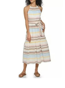 DKNY Striped Belted Sleeveless Halter 100% Cotton Midi Dress Size 4