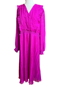 ELOQUII Fuchsia Magenta Pink Pleated Ruffle Empire Long Sleeve Midi Dress 20 NWT